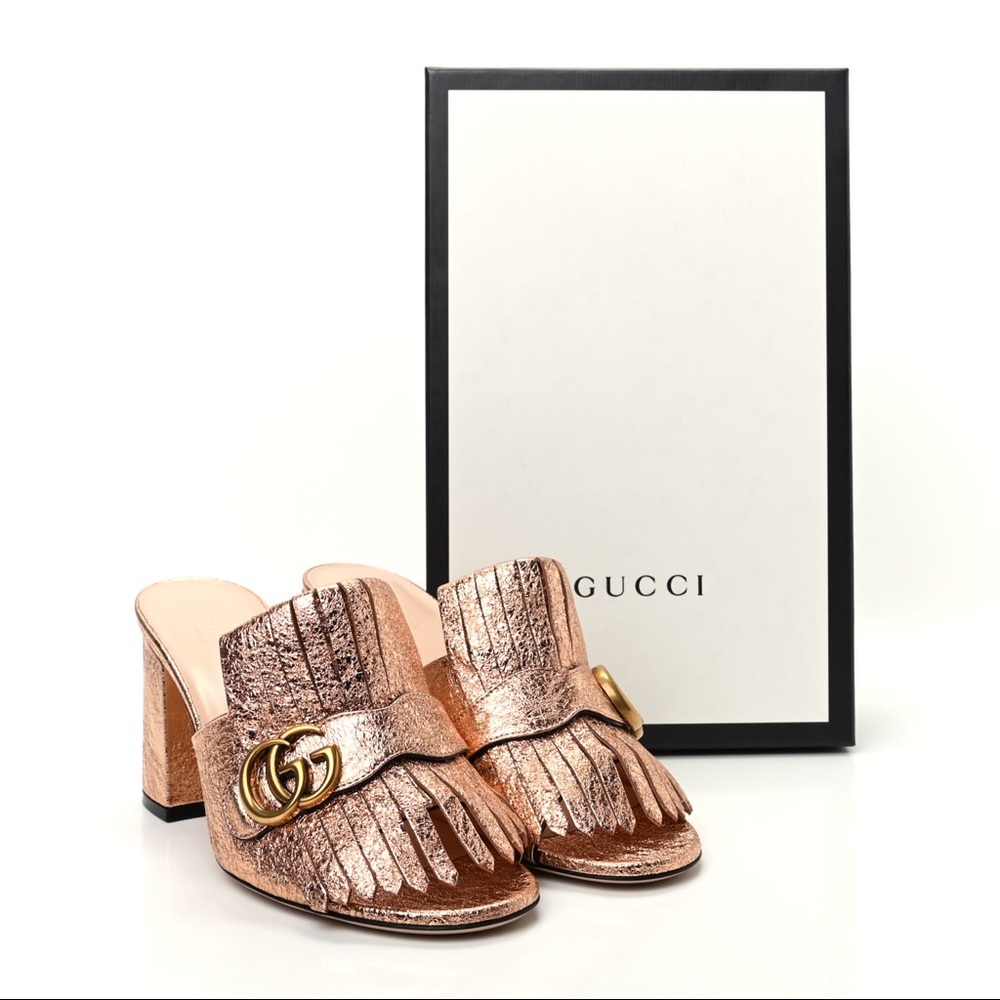 Gucci Metallic Laminate Calfskin GG Marmont Fringe Mid Heel Sandals Pink